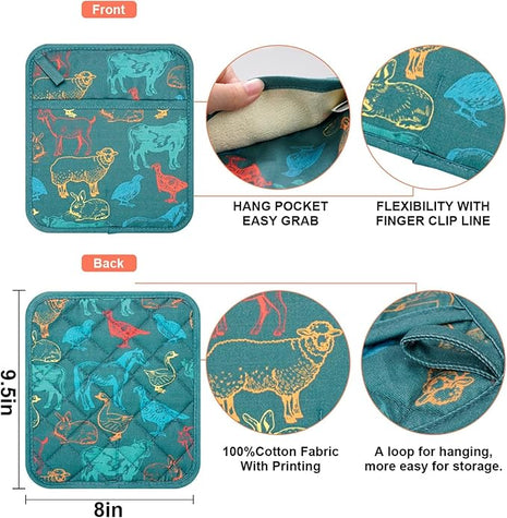 Pot Holders Set of 2 Heat Resistant 480℉ Kitchen 100% Cotton Comfortable Lining Printing Farm Cattle Flower Women Men Home Cooking Baking Microwave BBQ Gift (Farm Cattle potholds)