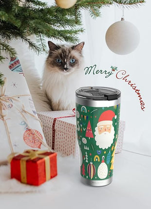 HAUSHOF 20oz Christmas Tumbler, Stainless Steel and Double Wall Insulated Travel Coffee Mug with Lid, Good Choice for Christsmas Gifts-Deep Green with Santa Claus
