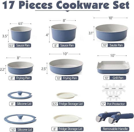 SENSARTE 17 Piece Ceramic Pots and Pans Set, Nonstick Detachable Handle Cookware, Induction Kitchen Cookware Set with Removable Handle, Dishwasher ＆ Oven Safe (Navy)