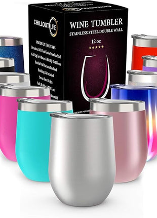 CHILLOUT LIFE 12 oz Stainless Steel Wine Tumbler with Lid - Double Wall Vacuum Insulated Wine Cup Glass Keeping Cold & Hot for Coffee, Champagne, Cocktails, Ice Cream - Dishwasher Safe Finish