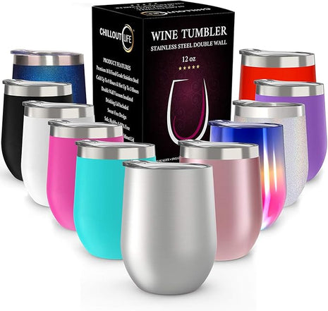 CHILLOUT LIFE 12 oz Stainless Steel Wine Tumbler with Lid - Double Wall Vacuum Insulated Wine Cup Glass Keeping Cold & Hot for Coffee, Champagne, Cocktails, Ice Cream - Dishwasher Safe Finish