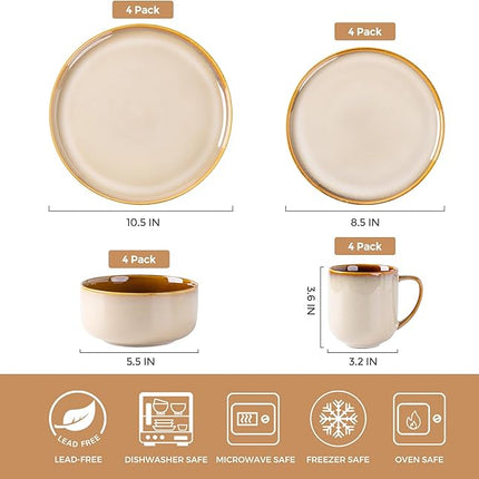 LERATIO Ceramic Dinnerware Sets for 4,16-PieceReactive Glaze Plates and Bowls Set with Mugs,Highly Chip and Crack Resistant | Dishwasher,Microwave & Oven Safe Dishes set-Kahki