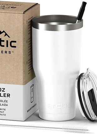 Arctic Tumblers | 30 oz Matte White Insulated Tumbler with Straw & Cleaner - Retains Temperature up to 24hrs - Non-Spill Splash Proof Lid, Double Wall Vacuum Technology, BPA Free & Built to Last