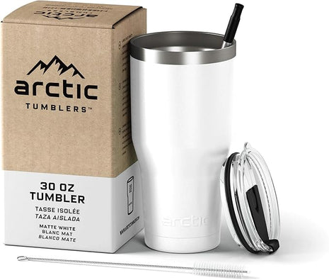 Arctic Tumblers | 30 oz Matte White Insulated Tumbler with Straw & Cleaner - Retains Temperature up to 24hrs - Non-Spill Splash Proof Lid, Double Wall Vacuum Technology, BPA Free & Built to Last