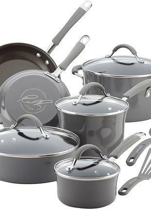 Rachael Ray - 16802 Rachael Ray Cucina Nonstick Cookware Pots and Pans Set, 12 Piece, Sea Salt Gray