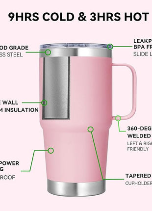 20 oz Stainless Steel Tumbler with Handle Bulk Metal Insulated Tumblers Travel Coffee Mug with Handle Double Wall Tumbler Cup with Lid and Straw, Pink 6 Pack