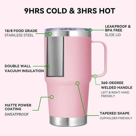 20 oz Stainless Steel Tumbler with Handle Bulk Metal Insulated Tumblers Travel Coffee Mug with Handle Double Wall Tumbler Cup with Lid and Straw, Pink 6 Pack