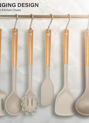 Silicone Cooking Utensils Set, Heat Resistance Large Kitchen Utensils Set with Long Wooden Handle, BPA-free Silicone Spatula, 6 Pcs Cooking Spoons for Non Stick Frying Pans and Pots(Khaki）