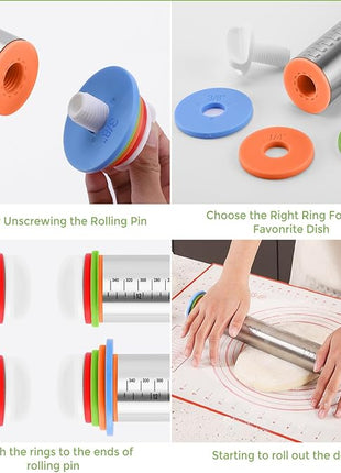 Rolling Pin nonstick and Silicone Baking Pastry Mat combo kit, Adjustable Rolling Pin With Thickness Rings for Baking Fondant, Pizza, Pie, Pastry, Pasta, Dough, Cookies (red)
