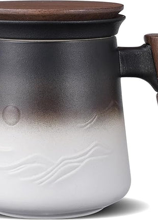 ZENS Tea Mug with Infuser and Lid for Loose Leaf Tea Steeper, 14.5 oz Embossed Ceramic Tea Cup with Fine Strainers and Wood Handle, Diffusers Accessories for Tea Lovers Gifts
