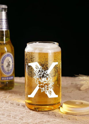 Coolife Initial Glass Cup, Monogrammed Gifts for Women, 16 oz Glass Cups w/Lids Straws, Iced Coffee Smoothie Beer Tumbler w/Straw Lid - Personalized Christmas, Birthday Gifts for Her Mom Friend Woman