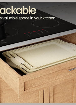 BAKKEN Cookie Sheets for Baking Nonstick Set - 3-Piece Stackable Carbon Steel Baking Sheet Pans Set with Silicone Handles, Non Toxic Cookie Sheets for Baking Bakeware Set - White Marble