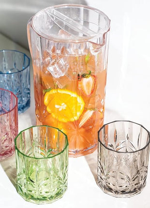 BELLAFORTE Shatterproof Tritan Plastic Short Tumbler, Set of 4, 13oz - Myrtle Beach Unbreakable Crystal Cut Old Fashioned Drinking Glasses for Whiskey - BPA Free - Dishwasher Safe - Pink