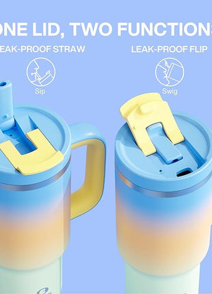 ENCOOL 32 oz Tumbler with Handle and Straw: Stainless Steel Insulated Tumbler Keeps Cold for 24 Hours, Leakproof Travel Cup Fits in Cup Holder and BPA-Free, Sunny Breeze