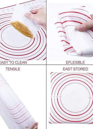 Stainless Steel Rolling Pin and Silicone Mat Set, Adjustable Thickness Rings - For Baking Dough, Pizza, Pies, Pastries, Pasta, Cookies