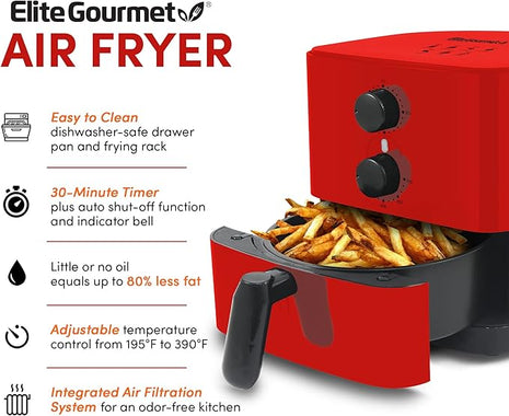 Elite Gourmet EAF-3218R Personal 1.1 Quart Compact Space Saving Electric Hot Air Fryer Oil-Less Healthy Cooker, Timer & Temperature Controls, Red.