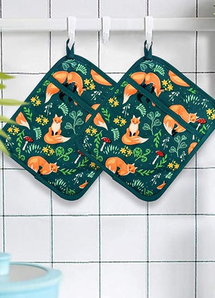 Pot Holders Set of 2 Heat Resistant 480℉ Kitchen 100% Cotton Comfortable Lining Printing Fox Flower Women Men Home Cooking Baking Microwave BBQ Gift(Fox Flower)