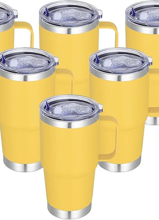 20 oz Stainless Steel Tumbler with Handle Bulk Metal Insulated Tumblers Travel Coffee Mug with Handle Double Wall Tumbler Cup with Lid and Straw, Yellow 6 Pack