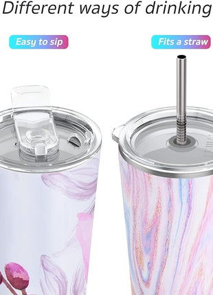 THILY Stainless Steel Vacuum Insulated Tumbler 26 oz Triple-Insulated Travel Mug with Splash-Proof Lid, for Iced Coffee and Hot Beverage, Pink Ripple + Lotus Flower