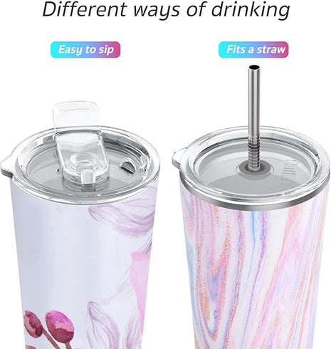 THILY Stainless Steel Vacuum Insulated Tumbler 26 oz Triple-Insulated Travel Mug with Splash-Proof Lid, for Iced Coffee and Hot Beverage, Pink Ripple + Lotus Flower
