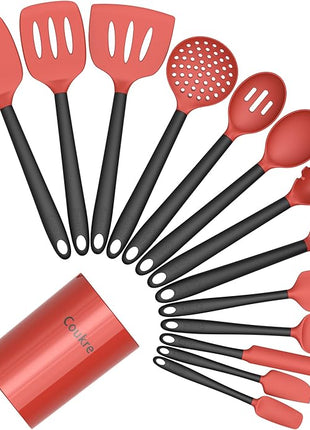 Coukre Silicone Kitchen Cooking Utensils Set with Holder – Heat-Resistant, Food-Grade Kitchen Tools, Spatula, Spoon & Gadgets for Non-Stick Pans, Dishwasher Safe (14, Red)