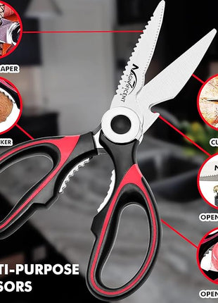 Magnificent Latest Heavy Duty Sharp Kitchen Scissors with Safety Cover and Gift, Multi-Function Kitchen Tool, Utility Kitchen Scissor, Shears for Poultry Fish Meat Vegetables Bone BBQ Nuts (RED)