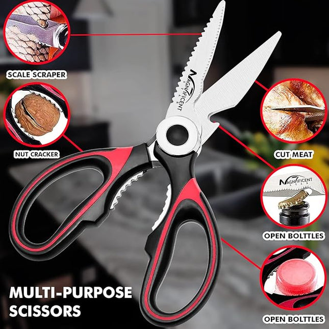 Magnificent Latest Heavy Duty Sharp Kitchen Scissors with Safety Cover and Gift, Multi-Function Kitchen Tool, Utility Kitchen Scissor, Shears for Poultry Fish Meat Vegetables Bone BBQ Nuts (RED)
