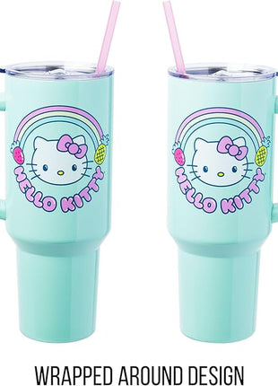 Silver Buffalo Sanrio Hello Kitty Kawaii Strawberry, Pineapple, and Rainbows Stainless Steel Tumbler with Handle and Straw, Fits in Standard Cup Holder, 40 Ounces