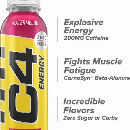Cellucor C4 Energy Non-Carbonated Zero Sugar Energy Drink, Pre Workout Drink + Beta Alanine, Watermelon, 12 Fl Oz (Pack of 12)