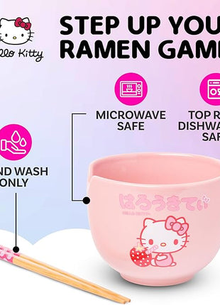 Silver Buffalo Sanrio Hello Kitty Strawberry Milk Japanese Character Ceramic Ramen Noodle Rice Bowl with Chopsticks, Microwave Safe, Pink, 20 Ounces