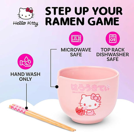 Silver Buffalo Sanrio Hello Kitty Strawberry Milk Japanese Character Ceramic Ramen Noodle Rice Bowl with Chopsticks, Microwave Safe, Pink, 20 Ounces