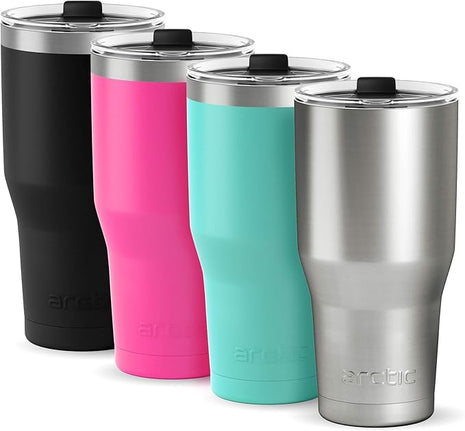 Arctic Tumblers Stainless Steel Camping & Travel 30 oz Tumbler With Lid (Splash Proof), Double Wall Vacuum Insulated, Premium Insulation - (Stainless, Turquoise, Pink, Black, 4-pack)