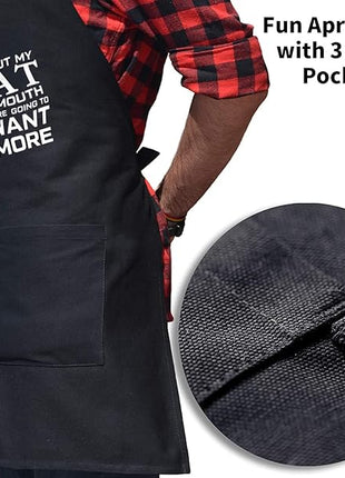 Black Grilling Apron with Pockets, Funny Cooking Apron for Kitchen, BBQ, Outdoor Use, One Size Fits All, Great Gift for Men – Dad, Husband, Boyfriend