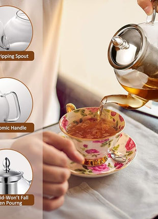 HIWARE 1000ml Glass Teapot with Removable Infuser, Stovetop Safe Tea Kettle, Blooming and Loose Leaf Tea Maker Set