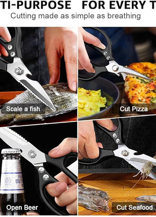 ONEBOM Kitchen Scissors 2 Pack, Heavy Duty All Purpose Shears for Cutting Meat, Fish, Poultry, Dishwasher Safe, Stainless Steel with Blade Kitchen Salad Scissors (Black)