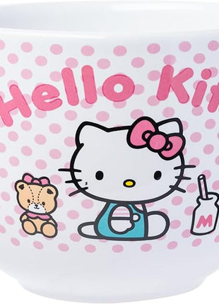 Silver Buffalo Sanrio Hello Kitty Pink Polka Dot Teddy and Strawberry Milk Ceramic Ramen Noodle Rice Bowl with Chopsticks and Spoon, Microwave Safe, 20 Ounces