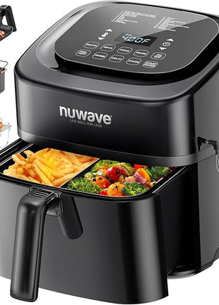 Nuwave Brio 10-in-1 Air Fryer, 6 QT Airfryer Capacity with Smart Probe, Roast Grill Bake for Fast Meals, One-Touch Digital Controls, Powerful 1800W Fryer, 100 Recipes, Removable Divider & Grill Pan