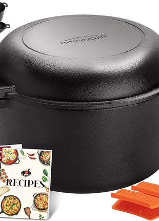 Overmont 2 in 1 Pre Seasoned Dutch Oven with Skillet Lid for Induction, Electric, Grill, Stovetop, BBQ, Camping (5 Quart)