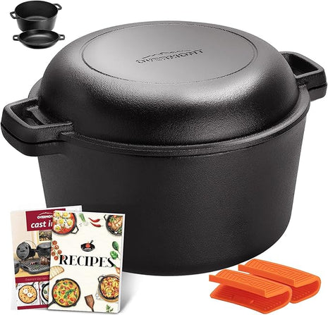 Overmont 2 in 1 Pre Seasoned Dutch Oven with Skillet Lid for Induction, Electric, Grill, Stovetop, BBQ, Camping (5 Quart)