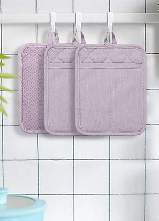 Pot Holders Yarn-Dyed Set of 3 Non Slip Silicone Kitchen Lines Heat Resistant 500℉ Kitchen Gloves BBQ Cooking Baking Cooking Barbecue Microwave Machine Washable (Purple Pot Holders)