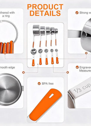 Measuring Cups and Spoons Set Stainless Steel 10 Piece for Cooking and Baking (5 Cups + 5 Spoons, Orange Handle)