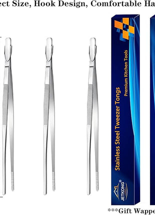 JETKONG Serving Tweezer Tongs 9-Inch Cooking Tweezers Kitchen Tweezers, Set of 3 (9 9 9 Inch, Silver)