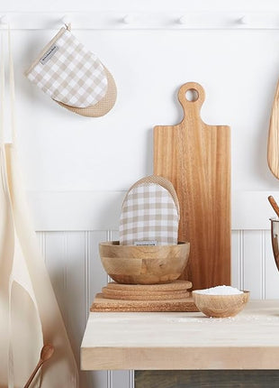 KitchenAid Gingham Mini Oven Mitt 2-Pack Set, Milkshake Tan, 5.5"x8"