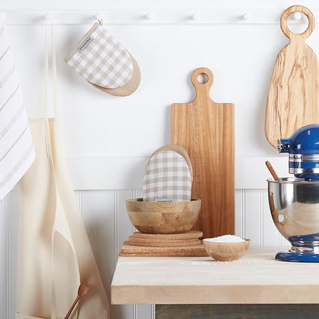 KitchenAid Gingham Mini Oven Mitt 2-Pack Set, Milkshake Tan, 5.5"x8"