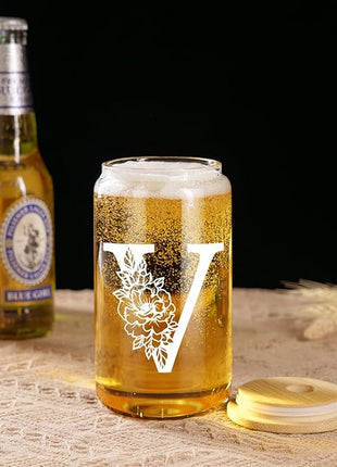 Coolife Initial Glass Cup, Monogrammed Gifts for Women, 16 oz Glass Cups w/Lids Straws, Iced Coffee Smoothie Beer Tumbler w/Straw Lid - Personalized Christmas, Birthday Gifts for Her Mom Friend Woman