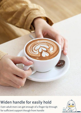 LE TAUCI 6 oz Cappuccino Cups with Saucers, Ceramic Coffee Cup for Au Lait, Double shot, Latte, Cafe Mocha, Tea - Set of 4, White