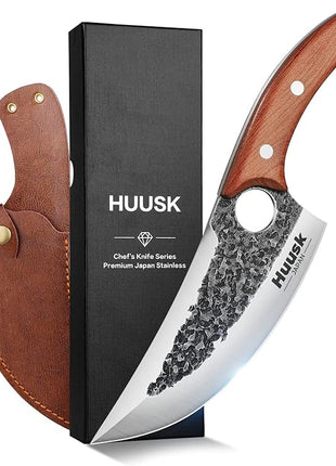 Huusk Knife Japan Kitchen, Upgraded Viking Knives with Sheath Hand Forged Butcher Knife for Meat Cutting Japanese Cooking Meat Cleaver Huusk Chef Knives for Outdoor Camping, BBQ