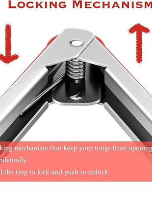 Set of 2 Kitchen Tongs 9-Inch & 12-Inch, Premium Stainless Steel BPA Free Silicone Non-Stick Grilling Barbeque Cooking Locking Food Tongs, Red