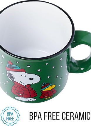 Silver Buffalo Peanuts Christmas Snoopy and Woodstock Puffer Jacket in Snow Ceramic Camper Mug, 20 ounces