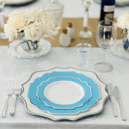 " OCCASIONS " 120 Plates Pack,(60 Guests) Heavyweight Premium Wedding Party Disposable Plastic Plates -60 x10.5'' Dinner + 60 x 8'' Salad/Dessert (Imperial Aqua & Silver)